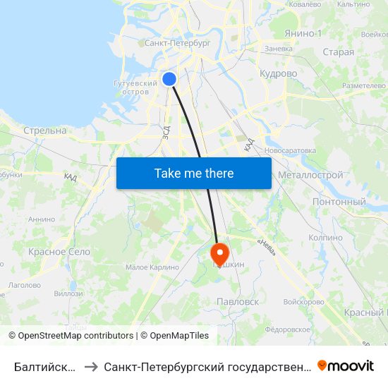 Балтийский Вокзал to Санкт-Петербургский государственный аграрный университет map