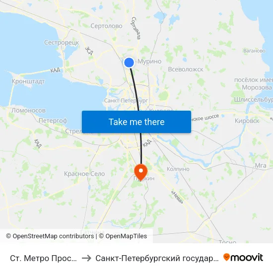 Ст. Метро Проспект Просвещения to Санкт-Петербургский государственный аграрный университет map