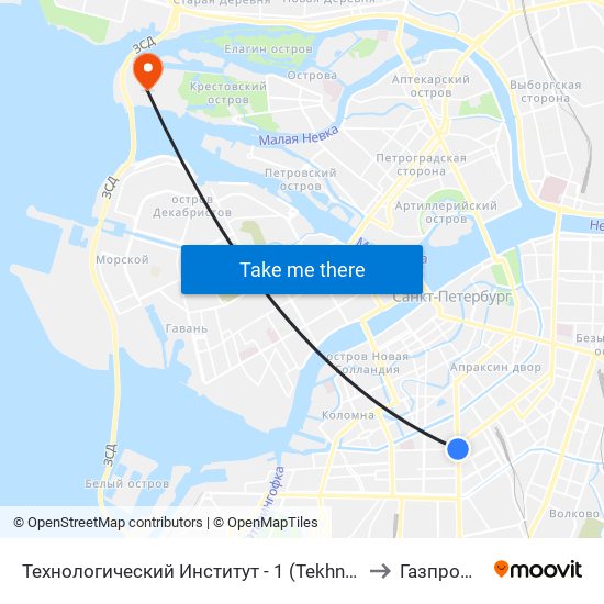 Технологический Институт - 1 (Tekhnologicheskiy Institut - 1) to Газпром Арена map