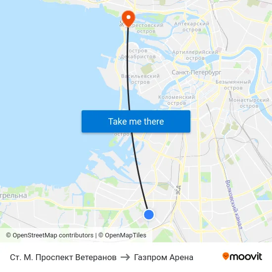 Ст. М. Проспект Ветеранов to Газпром Арена map