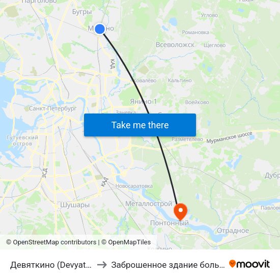 Девяткино (Devyatkino) to Заброшенное здание больницы map