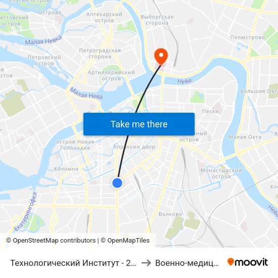 Технологический Институт - 2 (Tekhnologicheskiy Institut - 2) to Военно-медицинская академия map