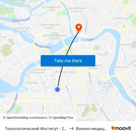 Технологический Институт - 2 (Tekhnologicheskiy Institut - 2) to Военно-медицинская академия map
