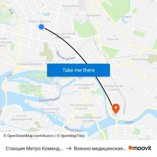Станция Метро Комендантский Пр. to Военно-медицинская академия map