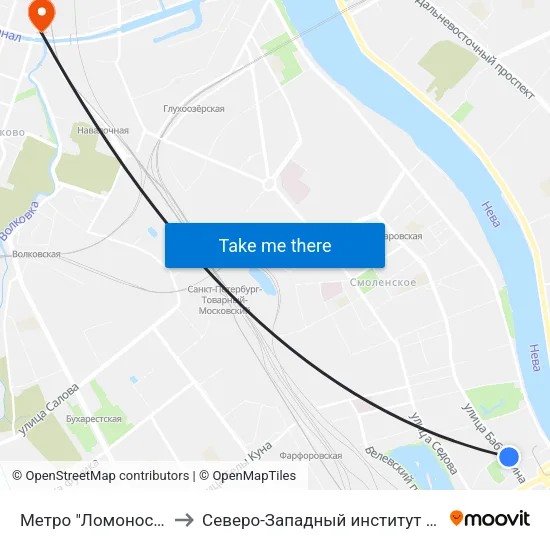 Метро "Ломоносовская" to Северо-Западный институт управления map