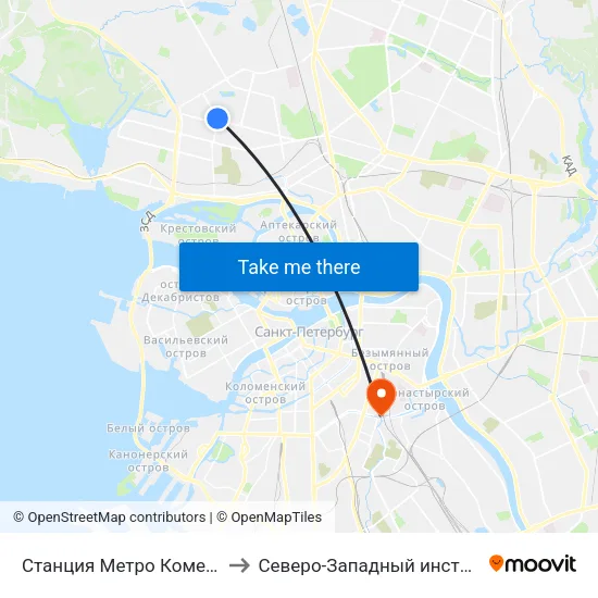 Станция Метро Комендантский Пр. to Северо-Западный институт управления map