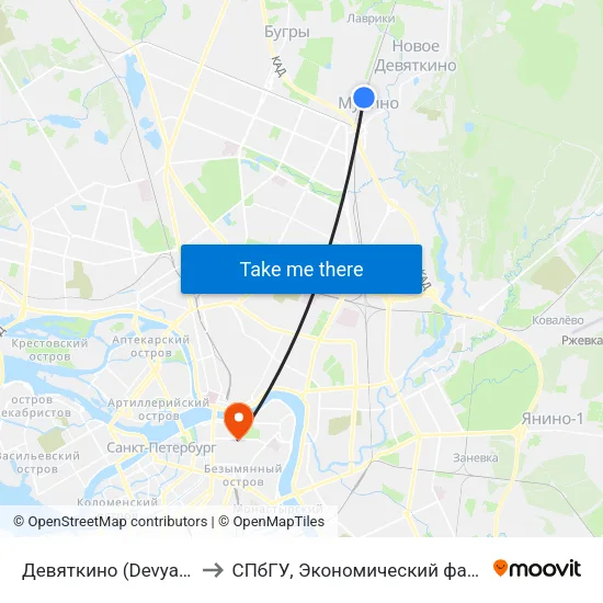 Девяткино (Devyatkino) to СПбГУ, Экономический факультет map