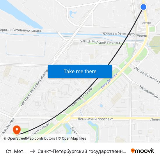 Ст. Метро Автово to Санкт-Петербургский государственный морской технический университет map