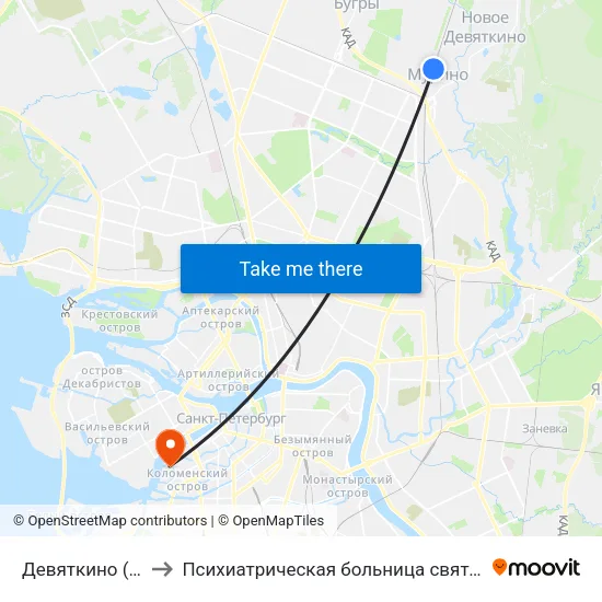 Девяткино (Devyatkino) to Психиатрическая больница святого Николая Чудотворца map