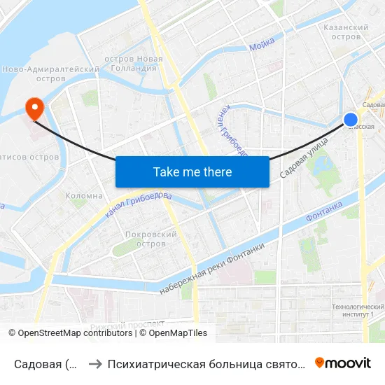 Садовая (Sadovaya) to Психиатрическая больница святого Николая Чудотворца map