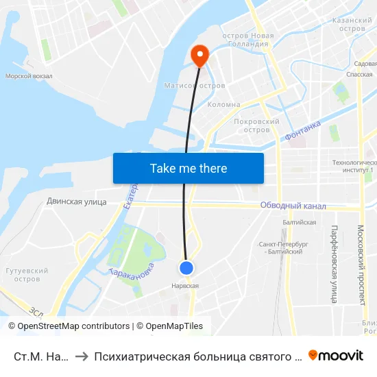 Ст.М. Нарвская to Психиатрическая больница святого Николая Чудотворца map