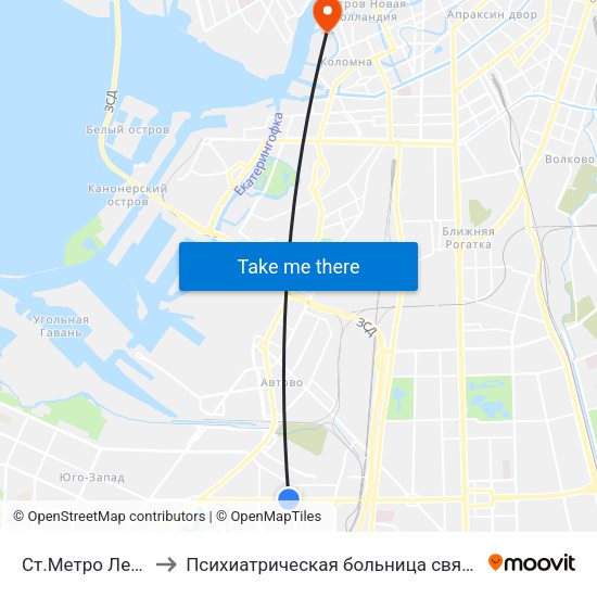 Ст.Метро Ленинский Пр. to Психиатрическая больница святого Николая Чудотворца map