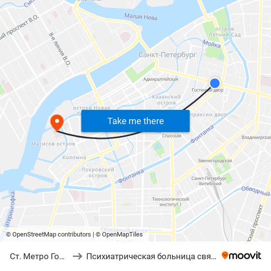 Ст. Метро Гостиный Двор to Психиатрическая больница святого Николая Чудотворца map