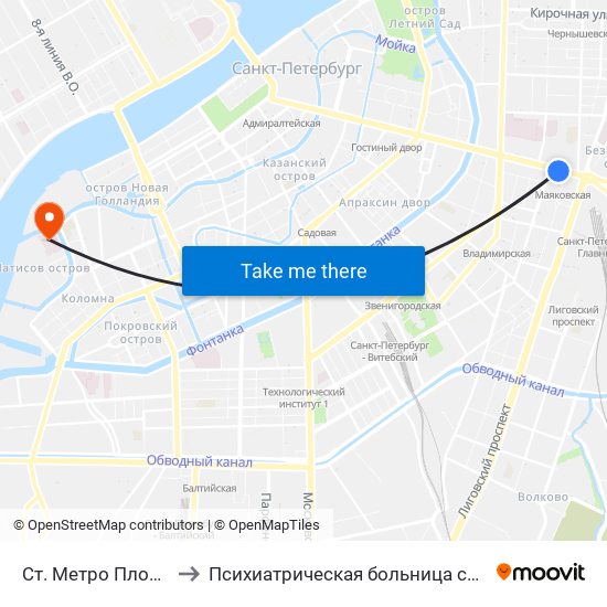 Ст. Метро Площадь Восстания to Психиатрическая больница святого Николая Чудотворца map