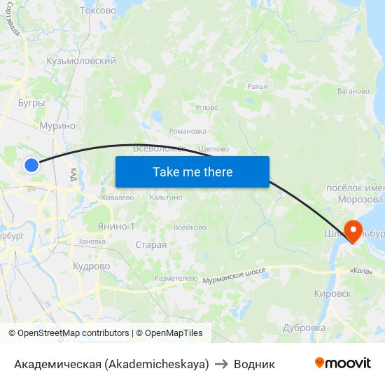 Академическая (Akademicheskaya) to Водник map