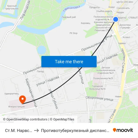 Ст.М. Нарвская to Противотуберкулезный диспансер №16 map