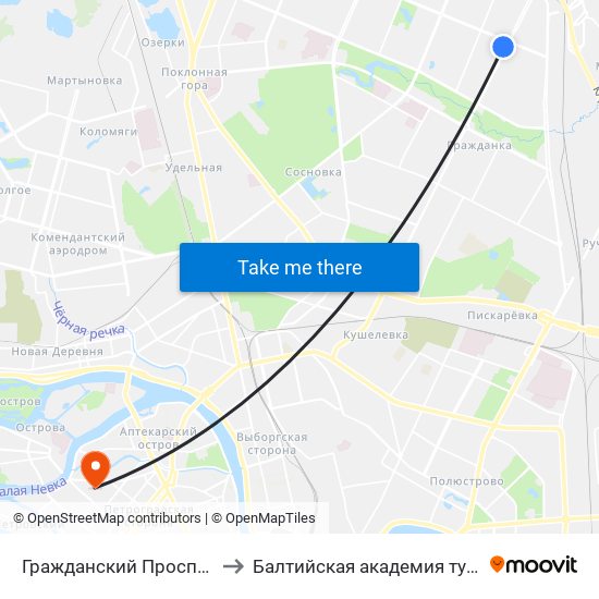 Гражданский Проспект (Grazhdansky Prospekt) to Балтийская академия туризма и предпринимательства map