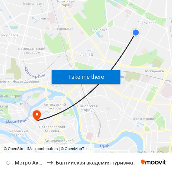 Ст. Метро Академическая to Балтийская академия туризма и предпринимательства map