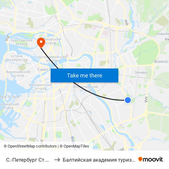С.-Петербург  Ст.Метро Ул.Дыбенко to Балтийская академия туризма и предпринимательства map