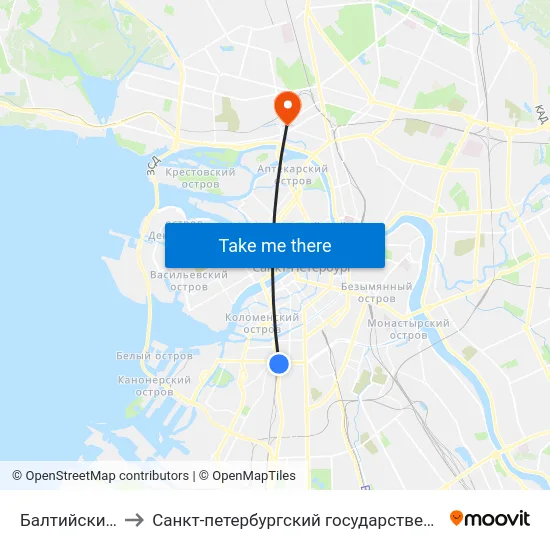 Балтийский Вокзал to Санкт-петербургский государственный институт культуры map