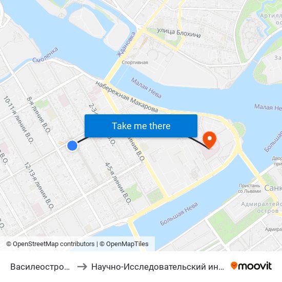 Василеостровская (Vasileostrovskaya) to Научно-Исследовательский институт акушерства и гинекологии имени Д. О. Отта map
