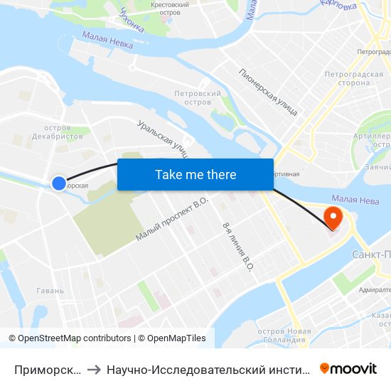 Приморская (Primorskaya) to Научно-Исследовательский институт акушерства и гинекологии имени Д. О. Отта map