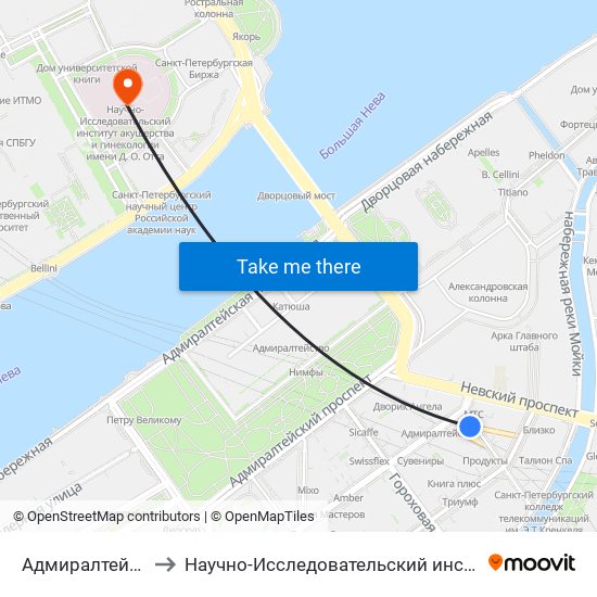 Адмиралтейская (Admiralteyskaya) to Научно-Исследовательский институт акушерства и гинекологии имени Д. О. Отта map