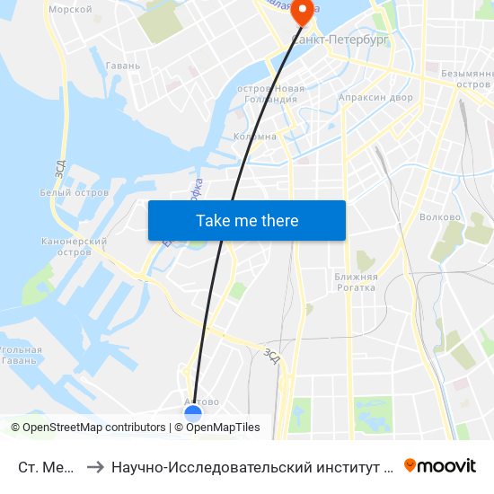 Ст. Метро Автово to Научно-Исследовательский институт акушерства и гинекологии имени Д. О. Отта map