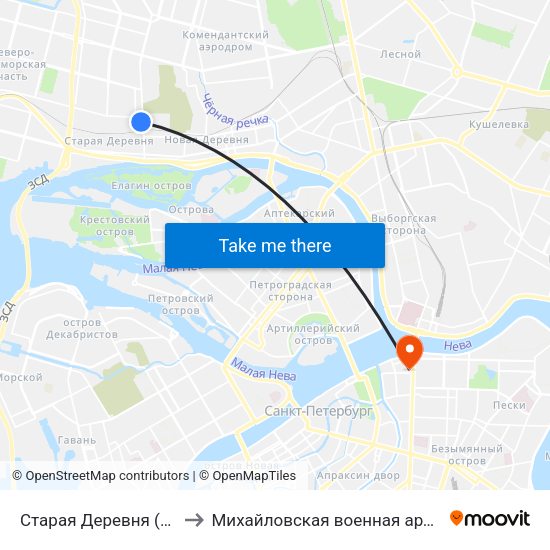 Старая Деревня (Staraya Derevnya) to Михайловская военная артиллерийская академия map