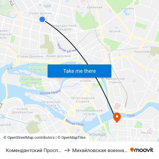 Комендантский Проспект (Komendantskiy Prospekt) to Михайловская военная артиллерийская академия map