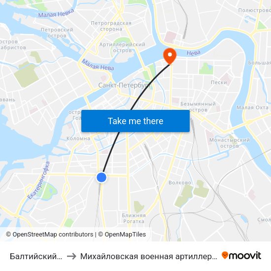 Балтийский Вокзал to Михайловская военная артиллерийская академия map