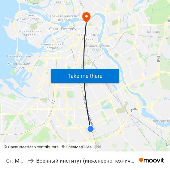 Ст. Метро "Купчино" to Военный институт (инженерно-технический) Военной академии материально-технического обеспечения map