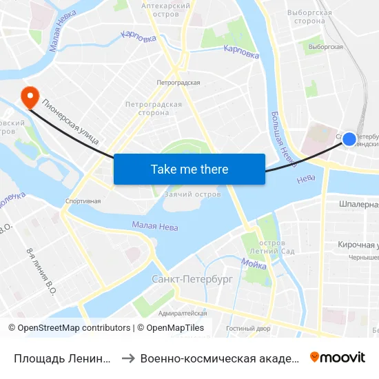 Площадь Ленина (Ploschad' Lenina) to Военно-космическая академия имени А. Ф. Можайского map