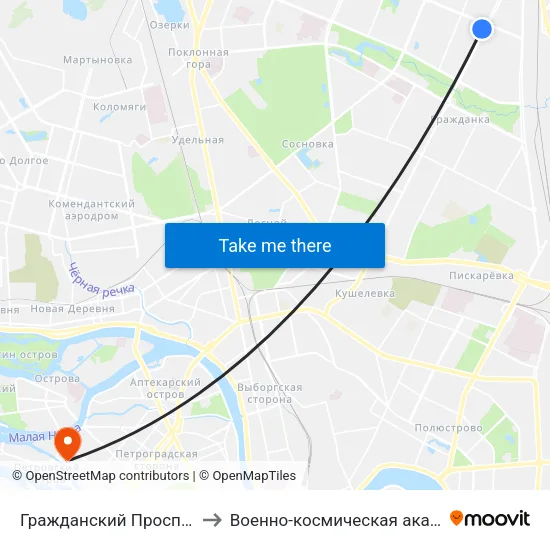 Гражданский Проспект (Grazhdansky Prospekt) to Военно-космическая академия имени А. Ф. Можайского map