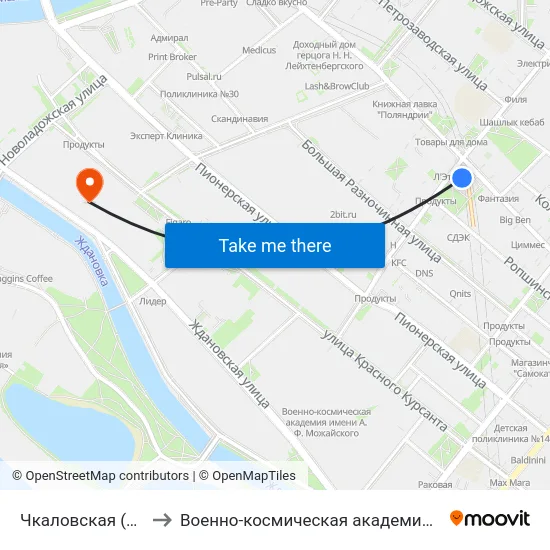 Чкаловская (Chkalovskaya) to Военно-космическая академия имени А. Ф. Можайского map