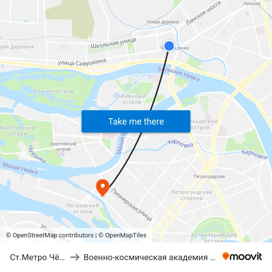 Ст.Метро Чёрная Речка to Военно-космическая академия имени А. Ф. Можайского map