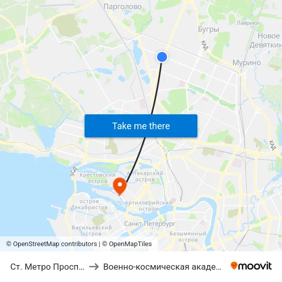 Ст. Метро Проспект Просвещения to Военно-космическая академия имени А. Ф. Можайского map
