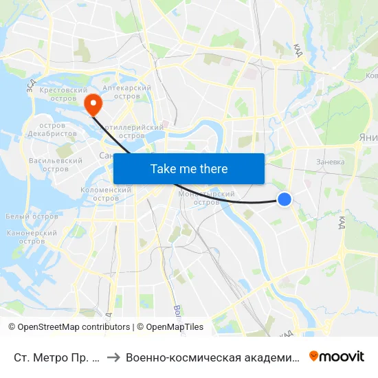 Ст. Метро Пр. Большевиков to Военно-космическая академия имени А. Ф. Можайского map