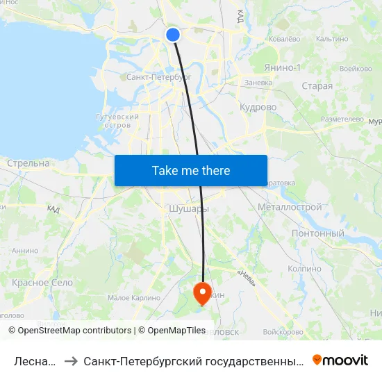 Лесная (Lesnaya) to Санкт-Петербургский государственный аграрный университет, 6-ой учебный корпус map