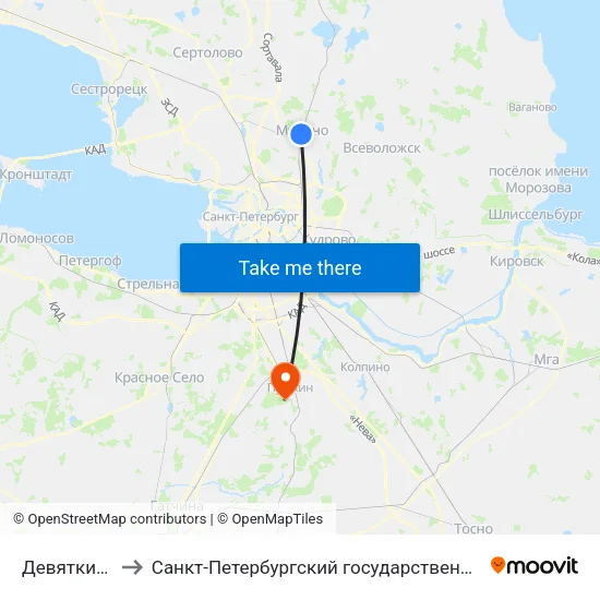 Девяткино (Devyatkino) to Санкт-Петербургский государственный аграрный университет, 6-ой учебный корпус map