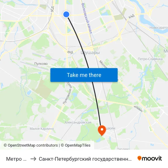 Метро Московская to Санкт-Петербургский государственный аграрный университет, 6-ой учебный корпус map