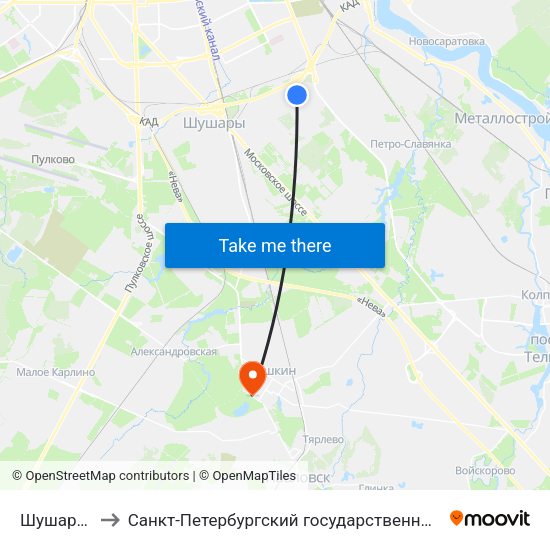Шушары (Shushary) to Санкт-Петербургский государственный аграрный университет, 6-ой учебный корпус map
