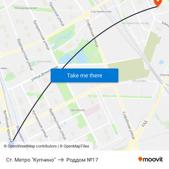 Ст. Метро "Купчино" to Роддом №17 map