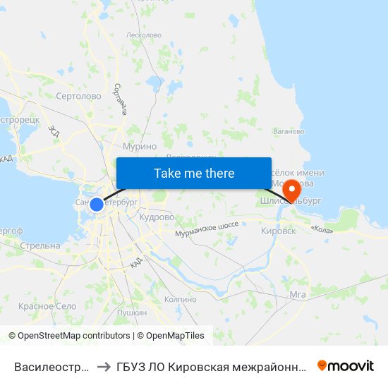 Василеостровская (Vasileostrovskaya) to ГБУЗ ЛО Кировская межрайонная больница, Шлиссельбургская городская больница, стационар map