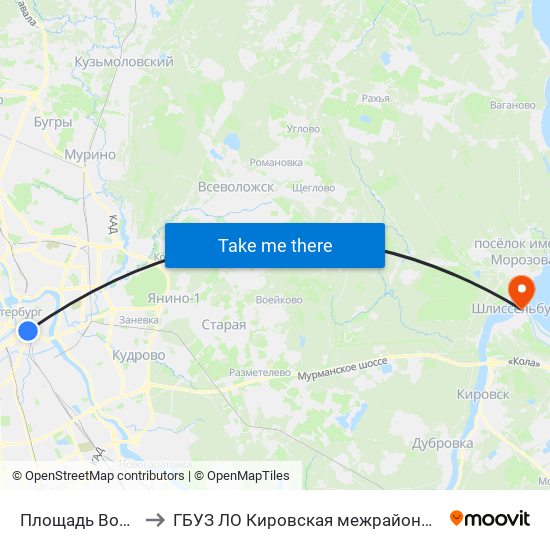 Площадь Восстания (Ploschad' Vosstaniya) to ГБУЗ ЛО Кировская межрайонная больница, Шлиссельбургская городская больница, стационар map