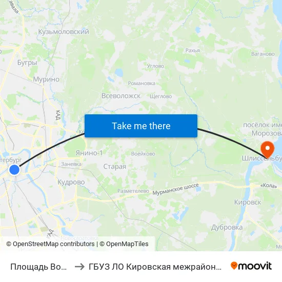 Площадь Восстания (Ploschad' Vosstaniya) to ГБУЗ ЛО Кировская межрайонная больница, Шлиссельбургская городская больница, стационар map