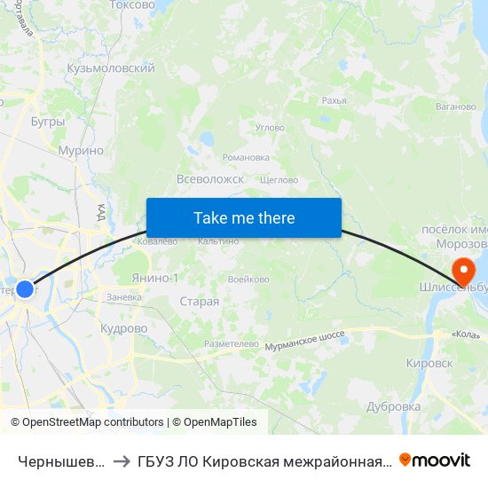 Чернышевская (Chernyshevskaya) to ГБУЗ ЛО Кировская межрайонная больница, Шлиссельбургская городская больница, стационар map