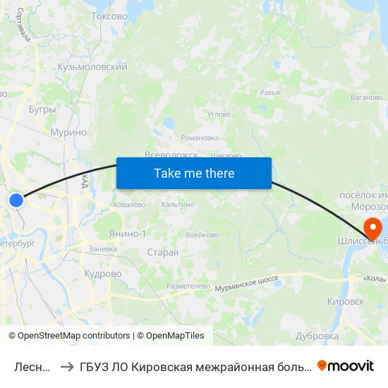 Лесная (Lesnaya) to ГБУЗ ЛО Кировская межрайонная больница, Шлиссельбургская городская больница, стационар map