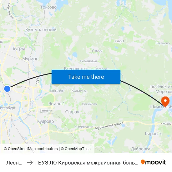 Лесная (Lesnaya) to ГБУЗ ЛО Кировская межрайонная больница, Шлиссельбургская городская больница, стационар map