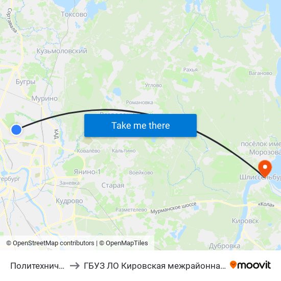 Политехническая (Politekhnicheskaya) to ГБУЗ ЛО Кировская межрайонная больница, Шлиссельбургская городская больница, стационар map